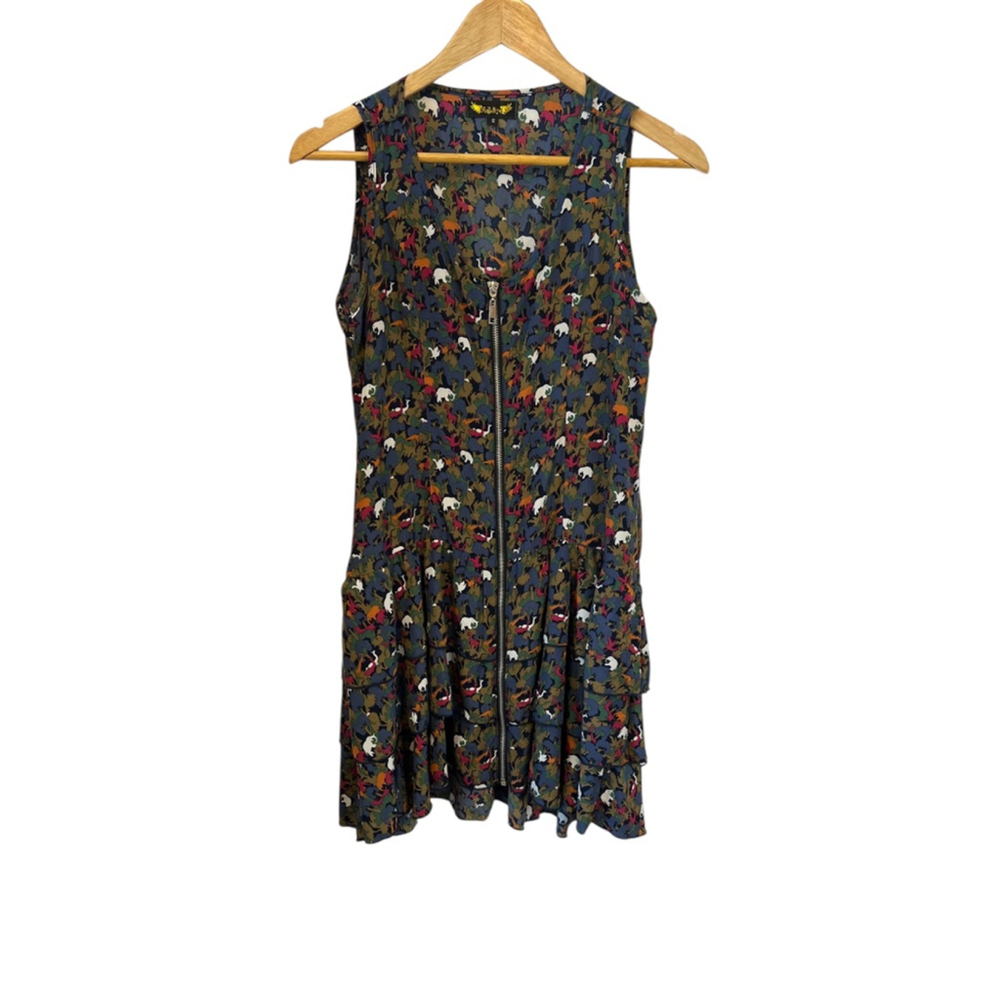 ANGEL EYES Printed Black Ruffle Bottom Sleeveless Zip Front Knee Length Dress S